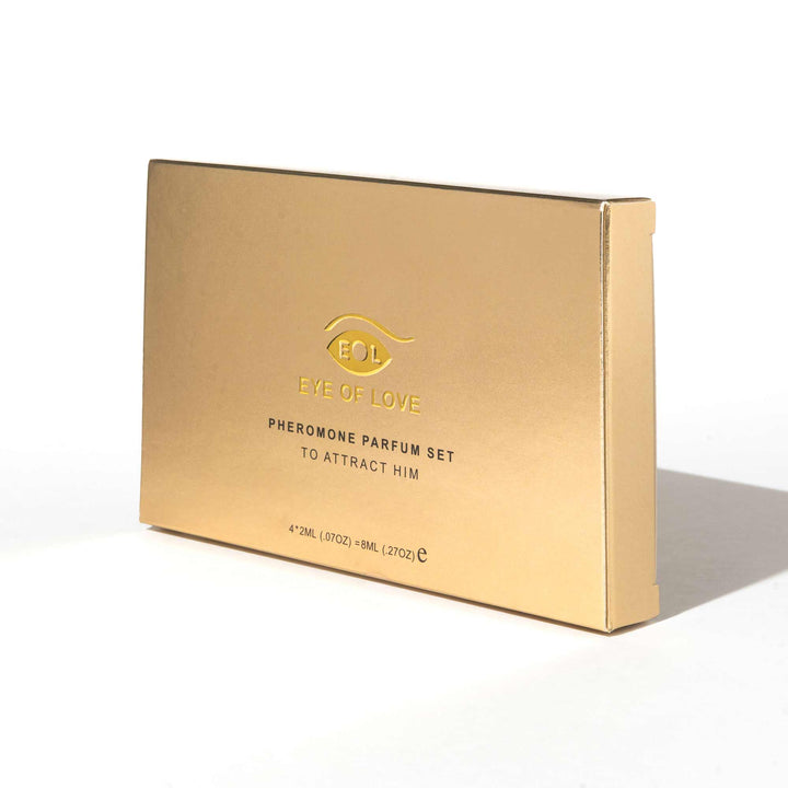Gold packaging for the Eye of Love - Sample Set with 2ml perfumes Morning Glow, After Dark, One Love, Matchmaker Red Diamond to Attract Men