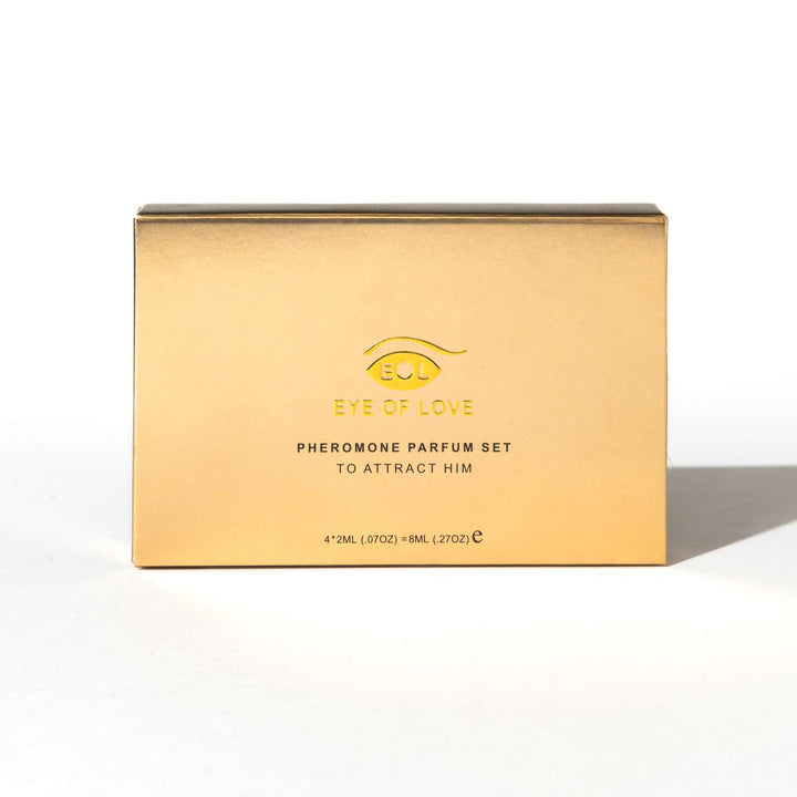 Gold Packaging for the Eye of Love pheromone Parfum Set - To Attract Him